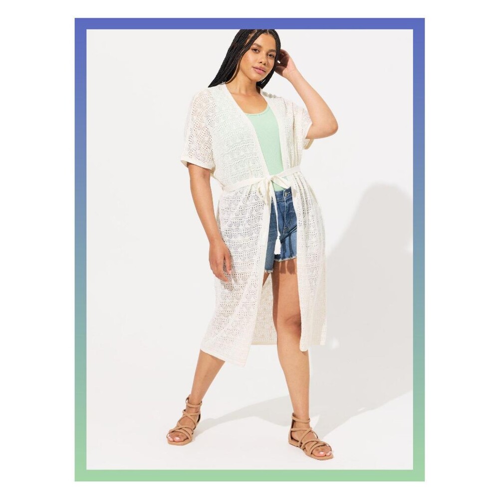 NWT Torrid 3X 4X White Crochet Duster Short Sleeve Tie Waist Sweater Size 22-26